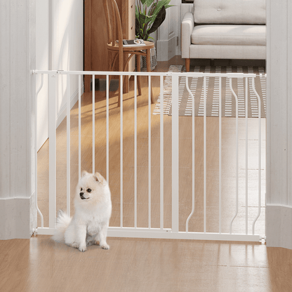 PawHut Dog Gate Wide Stair Gate w/ Door Pressure Fit Pets Barrier for Doorway, Hallway, 76H x 75-115W cm | White