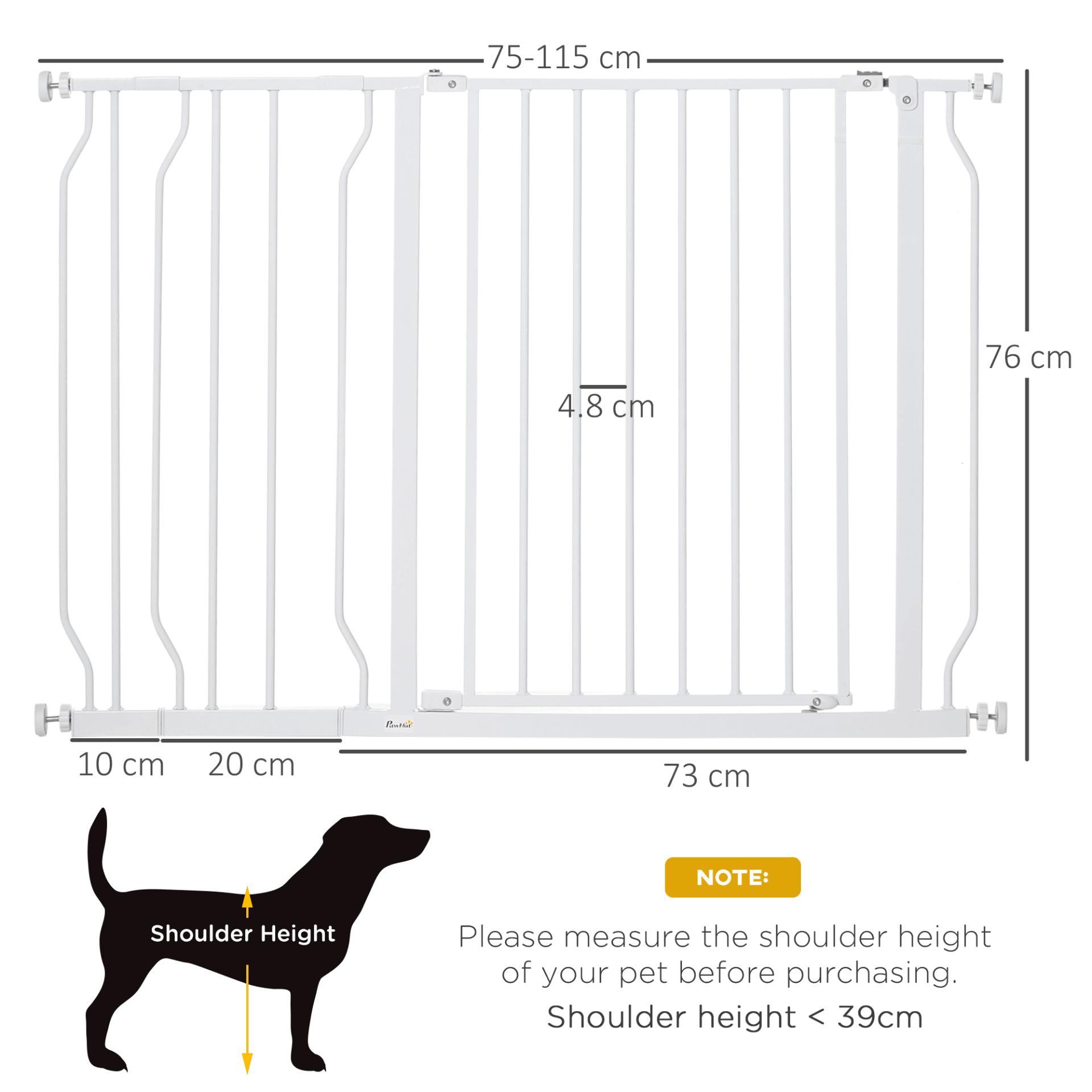 PawHut Dog Gate Wide Stair Gate w/ Door Pressure Fit Pets Barrier for Doorway, Hallway, 76H x 75-115W cm | White