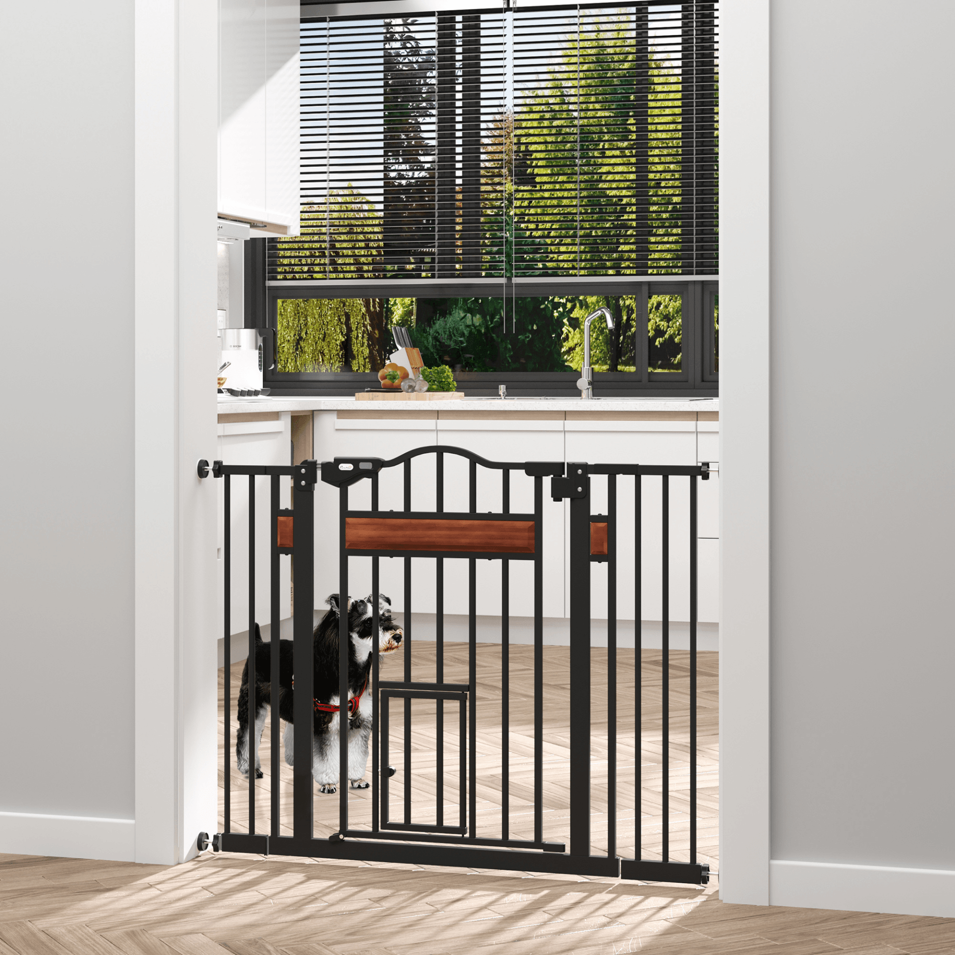 PawHut Dog Gate with Cat Flap Pet Safety Gate Auto Close Double Locking Pine Wood Decoration Black