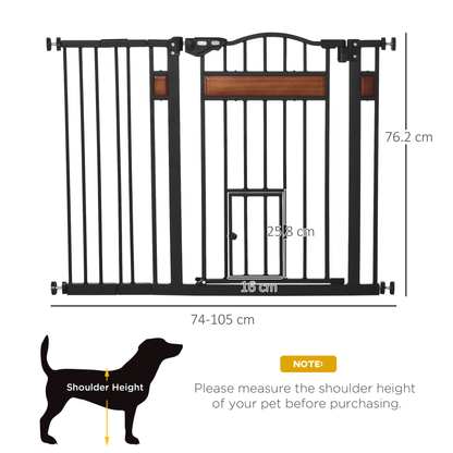 PawHut Dog Gate with Cat Flap Pet Safety Gate Auto Close Double Locking Pine Wood Decoration Black