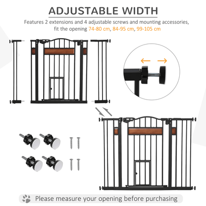 PawHut Dog Gate with Cat Flap Pet Safety Gate, Auto Close Double Locking Pine Wood Decoration | Black 76.2H x 74-105W cm - FluffePet