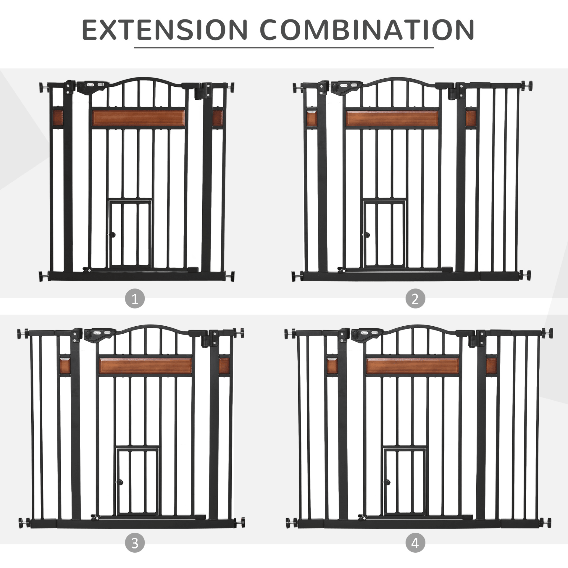 PawHut Dog Gate with Cat Flap Pet Safety Gate, Auto Close Double Locking Pine Wood Decoration | Black 76.2H x 74-105W cm - FluffePet