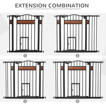 PawHut Dog Gate with Cat Flap Pet Safety Gate, Auto Close Double Locking Pine Wood Decoration | Black 76.2H x 74-105W cm - FluffePet