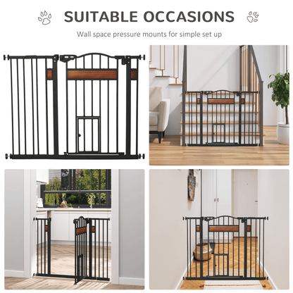 PawHut Dog Gate with Cat Flap Pet Safety Gate, Auto Close Double Locking Pine Wood Decoration | Black 76.2H x 74-105W cm - FluffePet