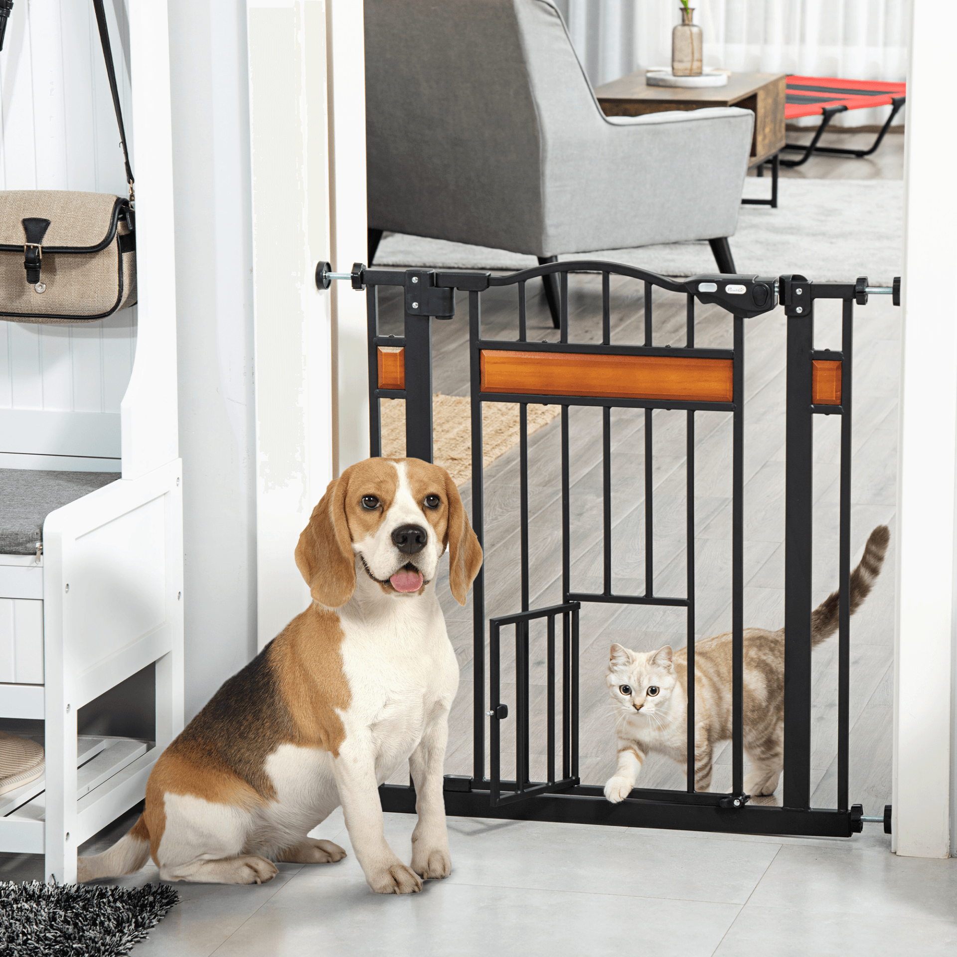 PawHut Dog Gate with Cat Flap Pet Safety Gate, Auto Close Double Locking Pine Wood Decoration, for Doorways Stairs Indoor, 74-80 cm Wide, Black