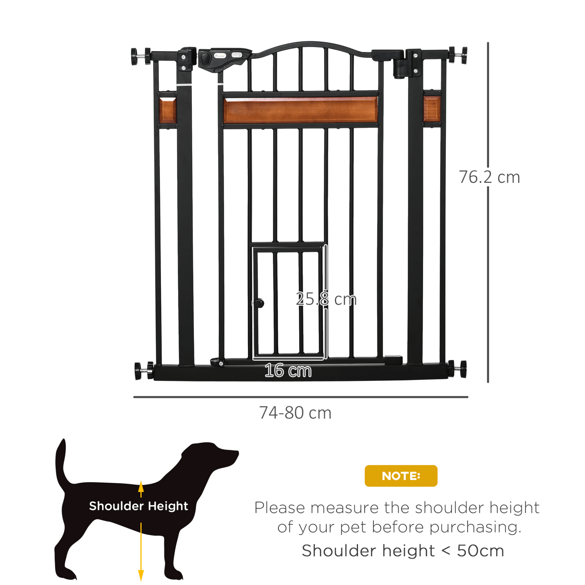 PawHut Dog Gate with Cat Flap Pet Safety Gate, Auto Close Double Locking Pine Wood Decoration, for Doorways Stairs Indoor, 74-80 cm Wide, Black