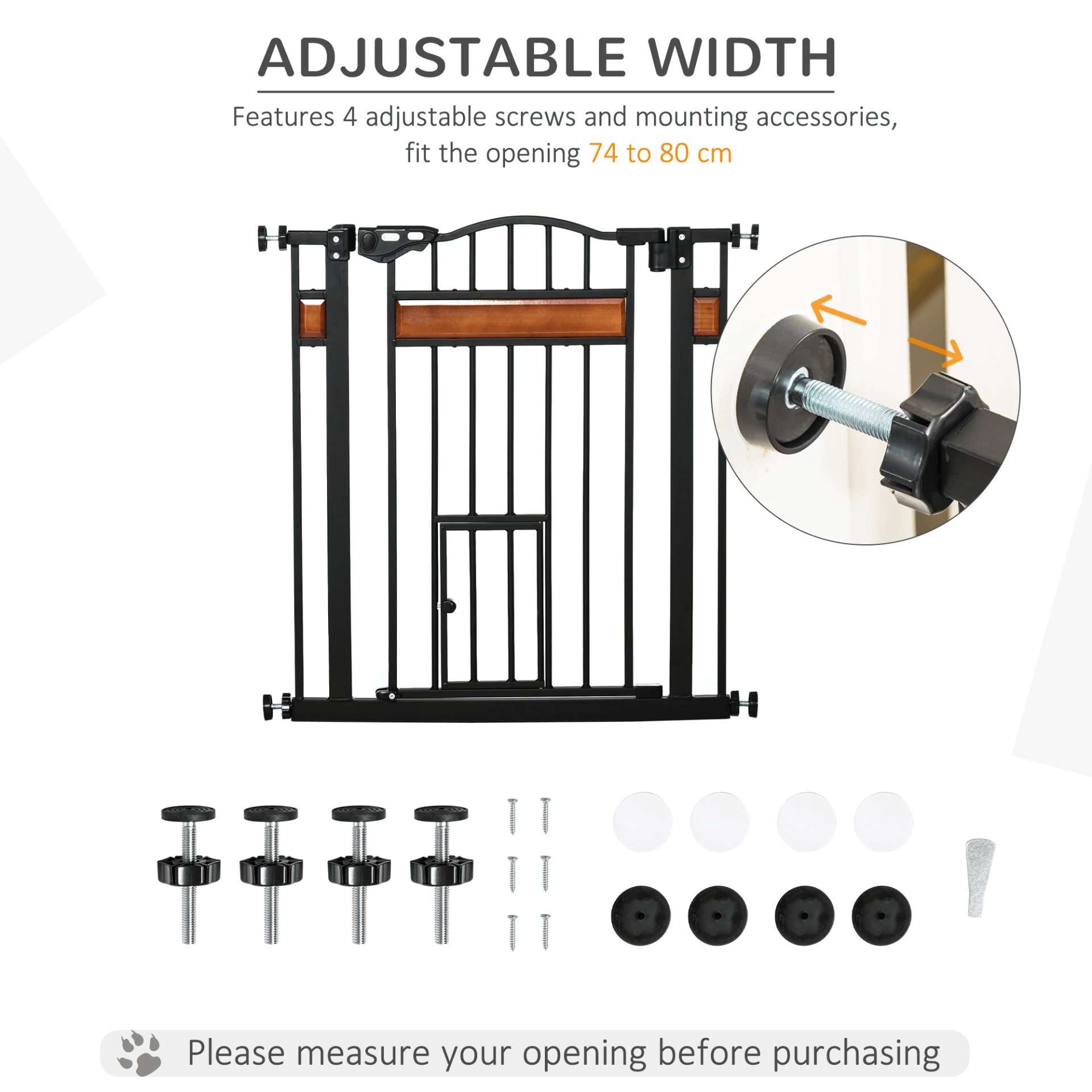 PawHut Dog Gate with Cat Flap Pet Safety Gate, Auto Close Double Locking Pine Wood Decoration, for Doorways Stairs Indoor, 74-80 cm Wide, Black