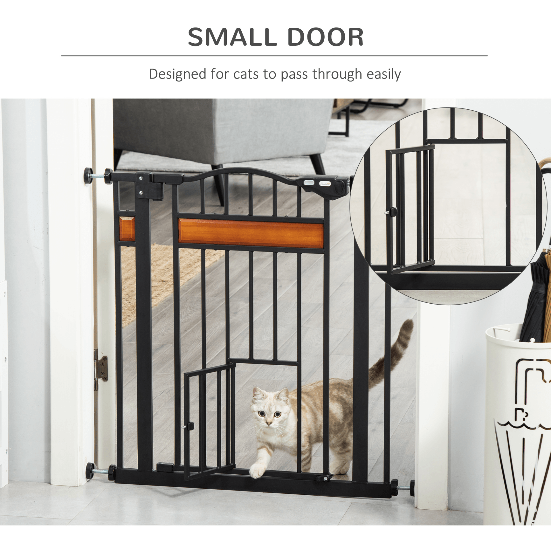 PawHut Dog Gate with Cat Flap Pet Safety Gate, Auto Close Double Locking Pine Wood Decoration, for Doorways Stairs Indoor, 74-80 cm Wide, Black