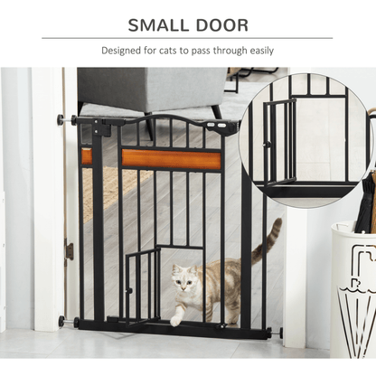 PawHut Dog Gate with Cat Flap Pet Safety Gate, Auto Close Double Locking Pine Wood Decoration, for Doorways Stairs Indoor, 74-80 cm Wide, Black