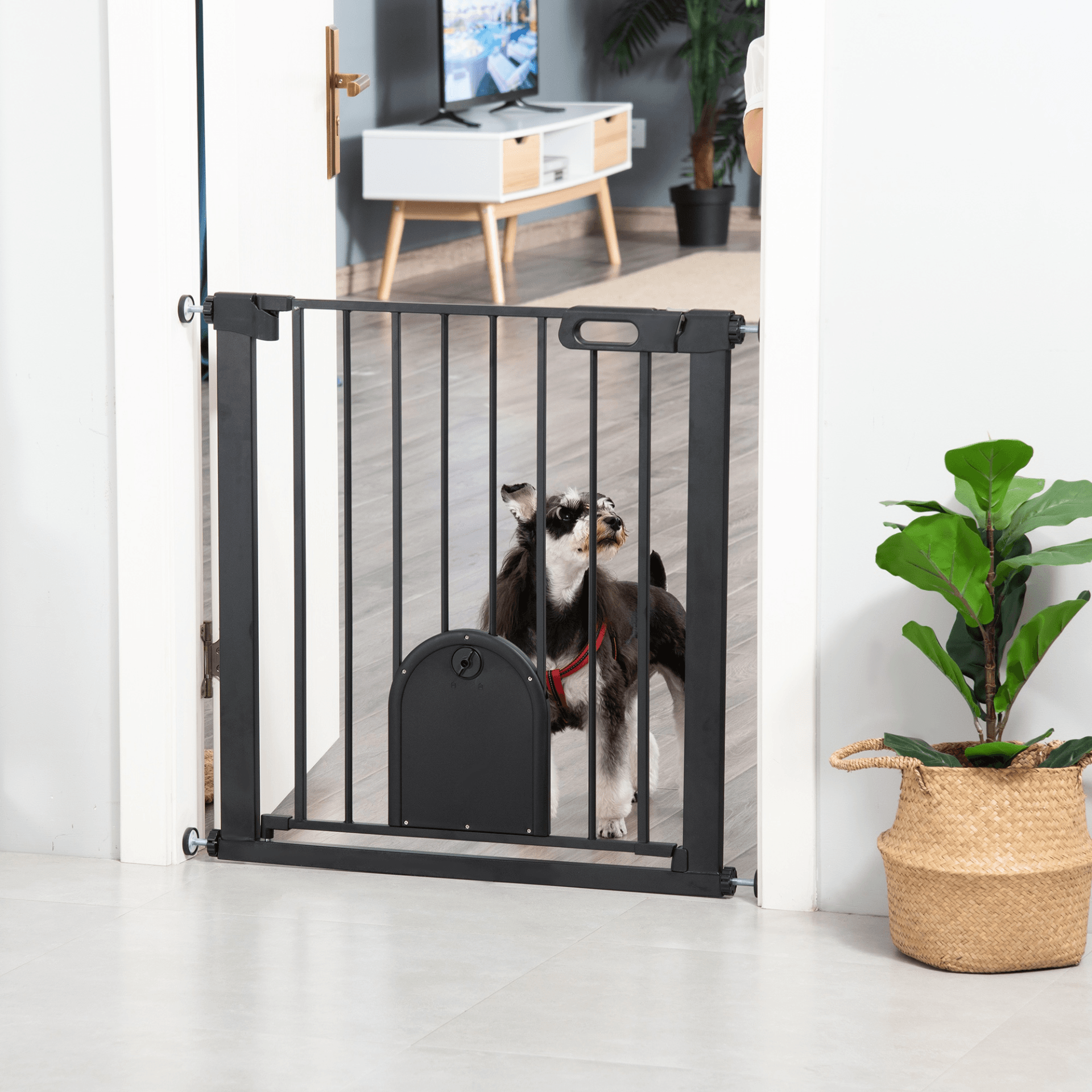 PawHut Dog Gate with Cat Flap Pet Safety Gate Barrier, Stair Pressure Fit, Auto Close, Double Locking, for Doorways, Hallways, 75-82 cm Black