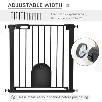 PawHut Dog Gate with Cat Flap Pet Safety Gate Barrier, Stair Pressure Fit, Auto Close, Double Locking | Black 72.5L x 5W x 79.5H cm - FluffePet