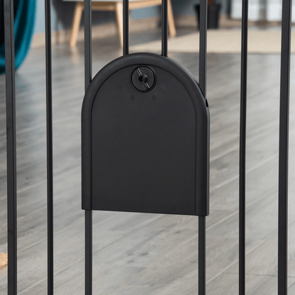 PawHut Dog Gate with Cat Flap Pet Safety Gate Barrier, Stair Pressure Fit, Auto Close, Double Locking | Black 72.5L x 5W x 79.5H cm - FluffePet