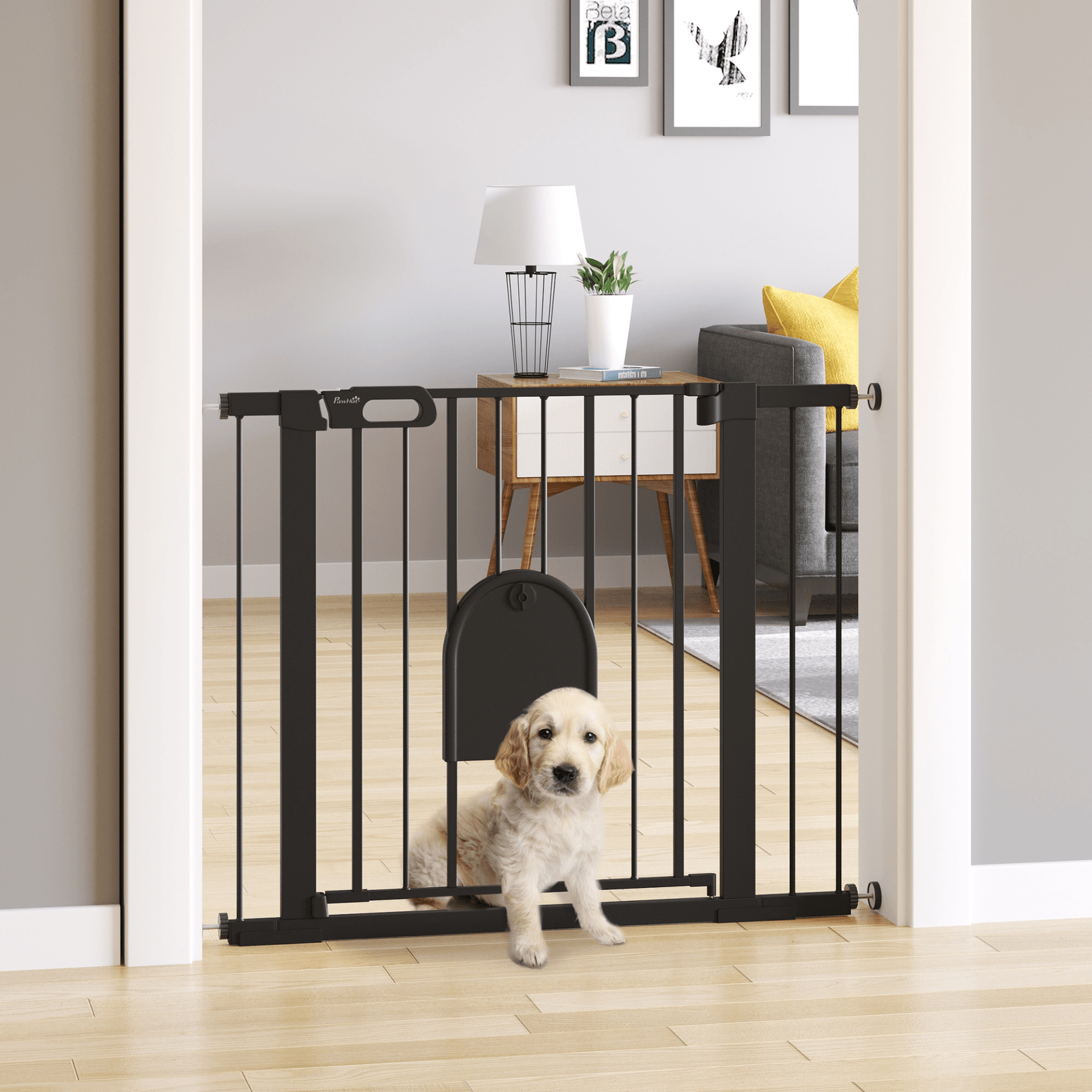 PawHut Dog Gate with Cat Flap Pet Safety Gate Barrier Stair Pressure Fit Auto Close, Double Locking Black