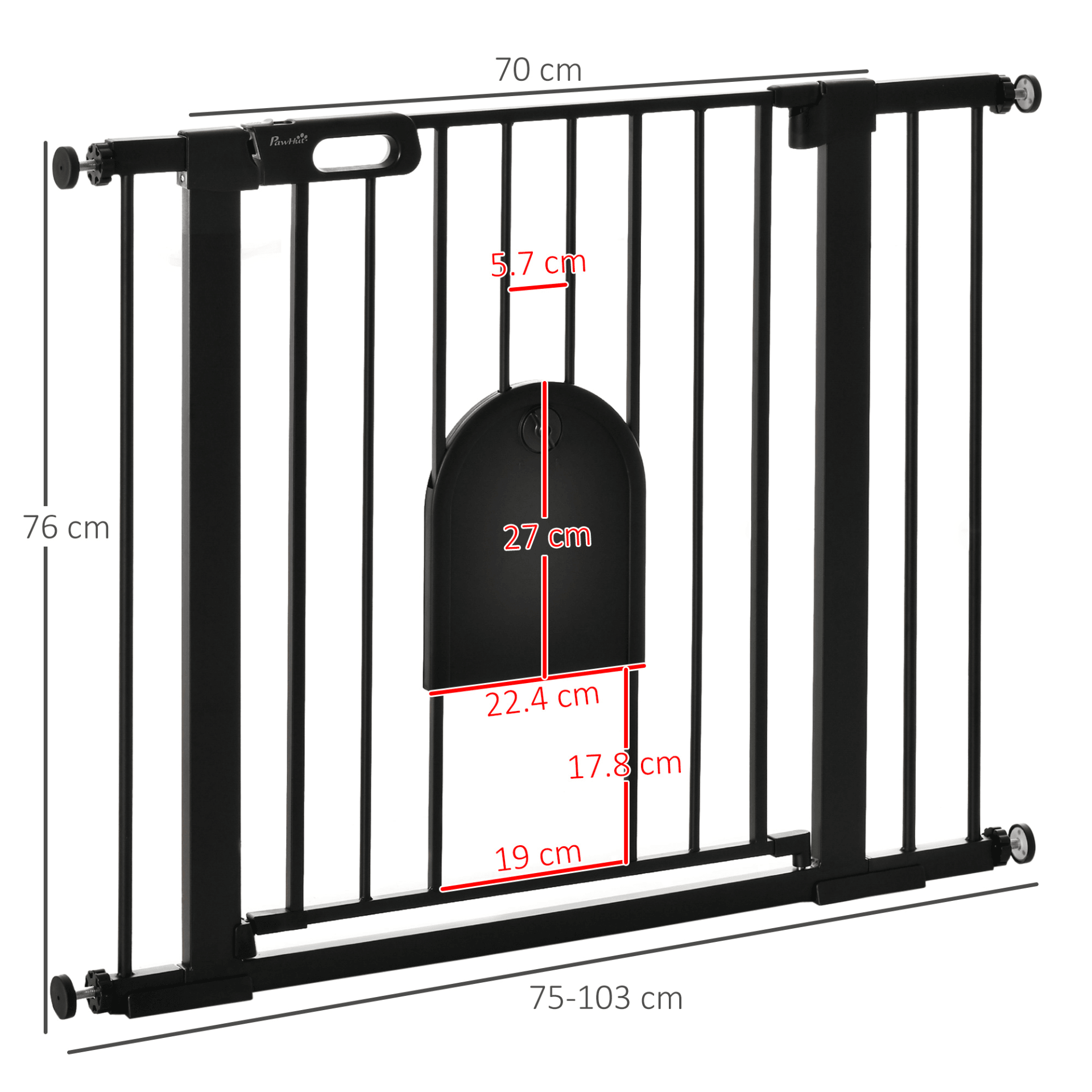 PawHut Dog Gate with Cat Flap Pet Safety Gate Barrier Stair Pressure Fit Auto Close, Double Locking Black