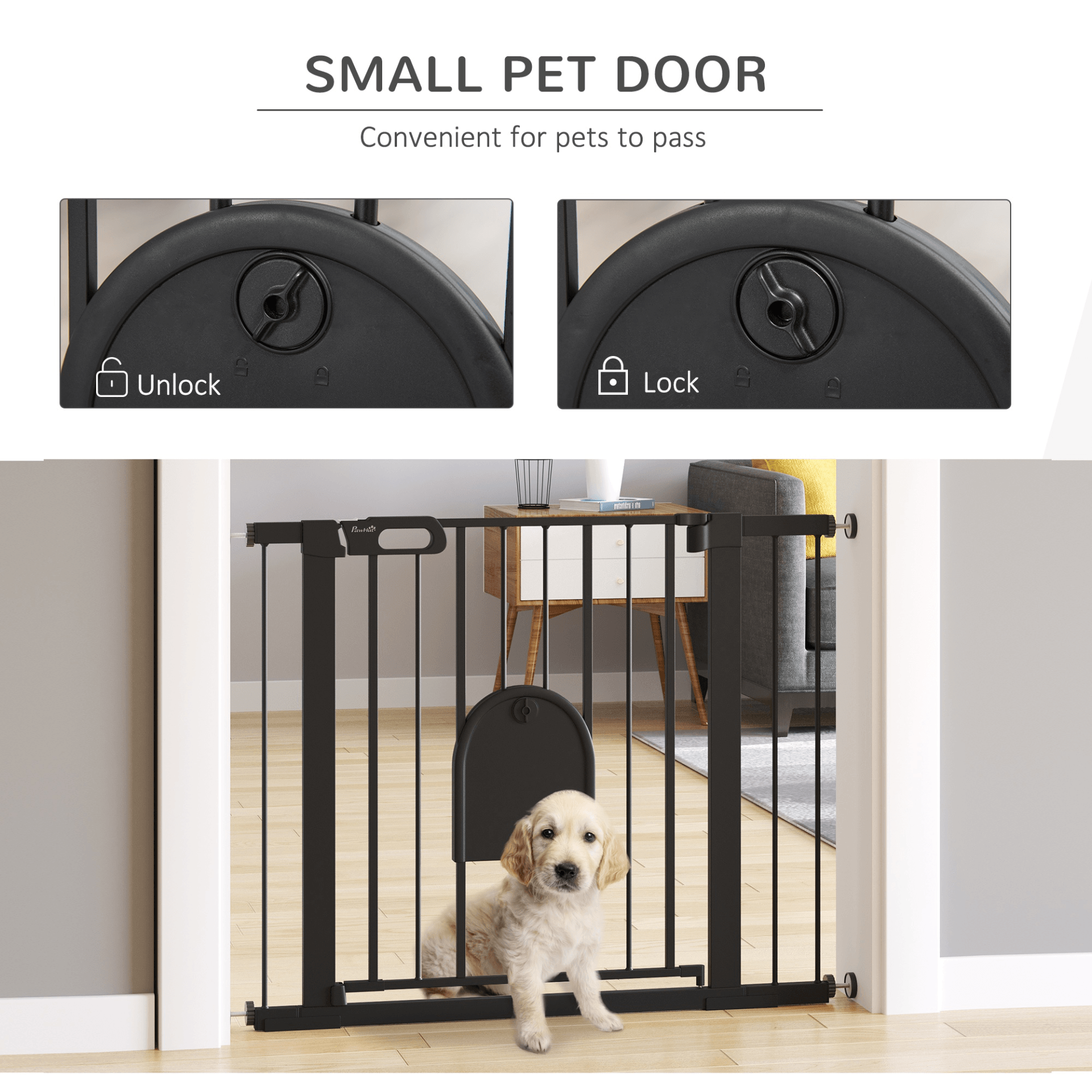 PawHut Dog Gate with Cat Flap Pet Safety Gate Barrier Stair Pressure Fit Auto Close, Double Locking Black