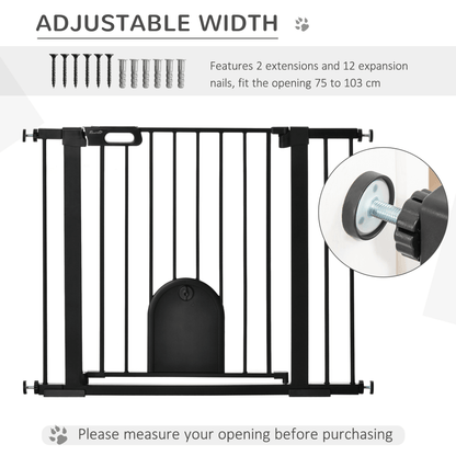 PawHut Dog Gate with Cat Flap Pet Safety Gate Barrier, Stair Pressure Fit, Auto Close, Double Locking | Black 75-103 cm Wide - FluffePet