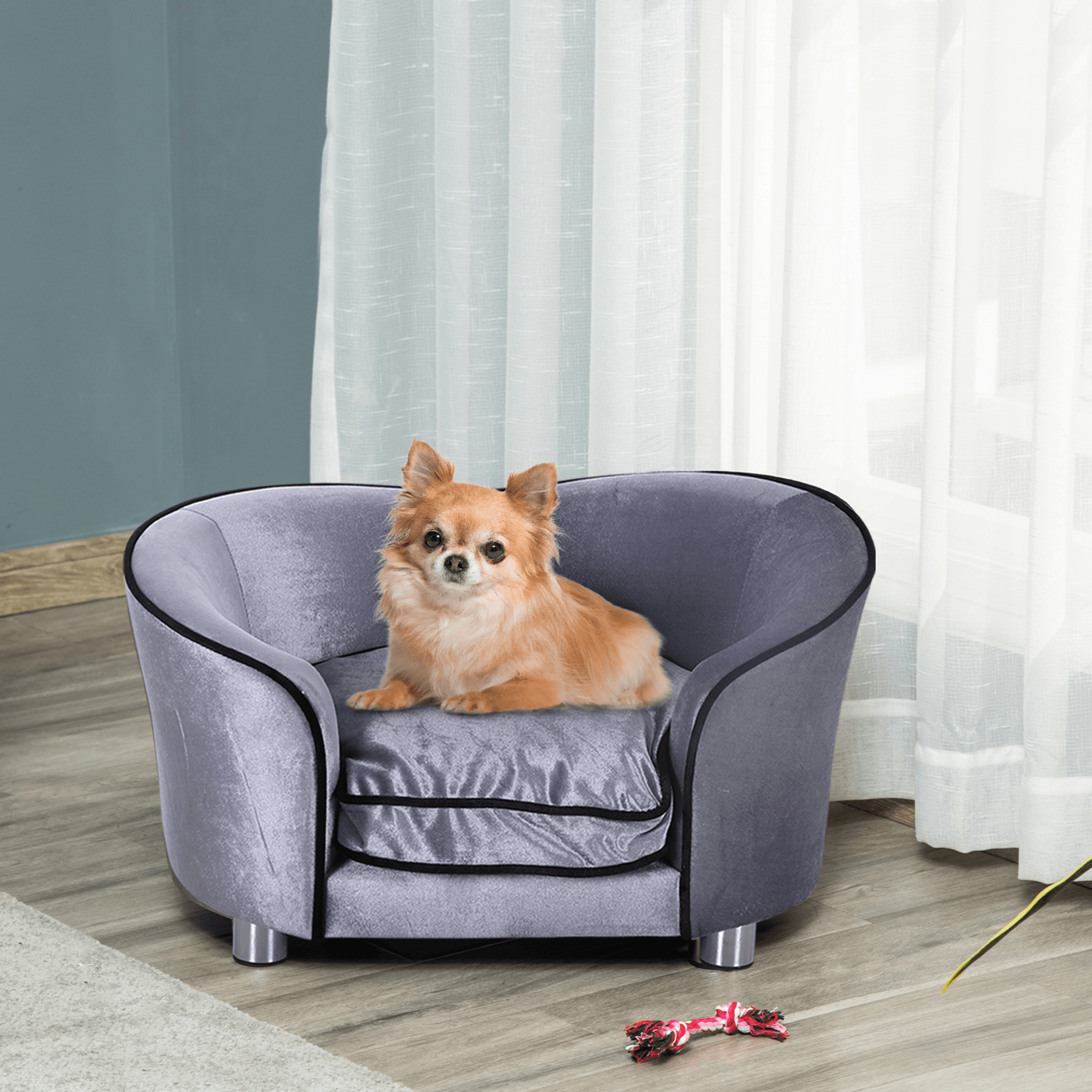 PawHut Dog Sofa Bed for Miniature Dogs - Pet Chair Couch Kitten Lounge with Soft Washable Cushion, Thick Sponge, Wooden Frame, Storage Pocket