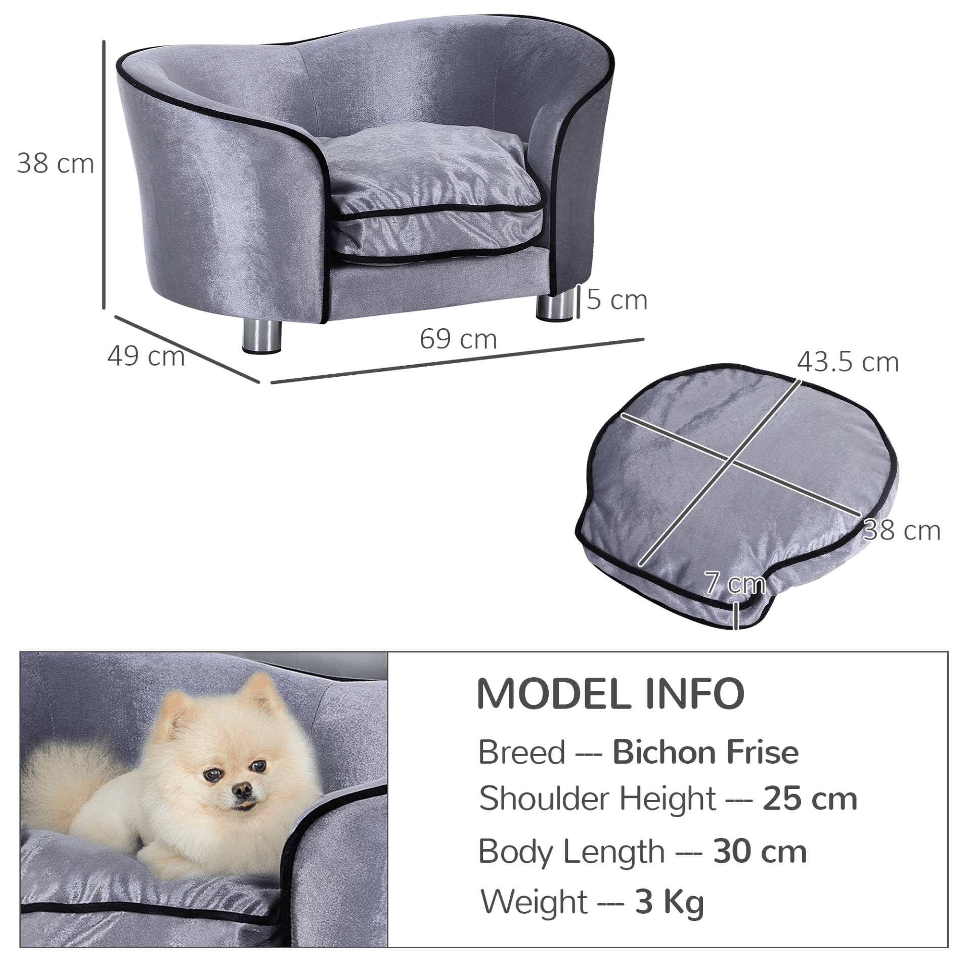 PawHut Dog Sofa Bed for Miniature Dogs - Pet Chair Couch Kitten Lounge with Soft Washable Cushion, Thick Sponge, Wooden Frame, Storage Pocket