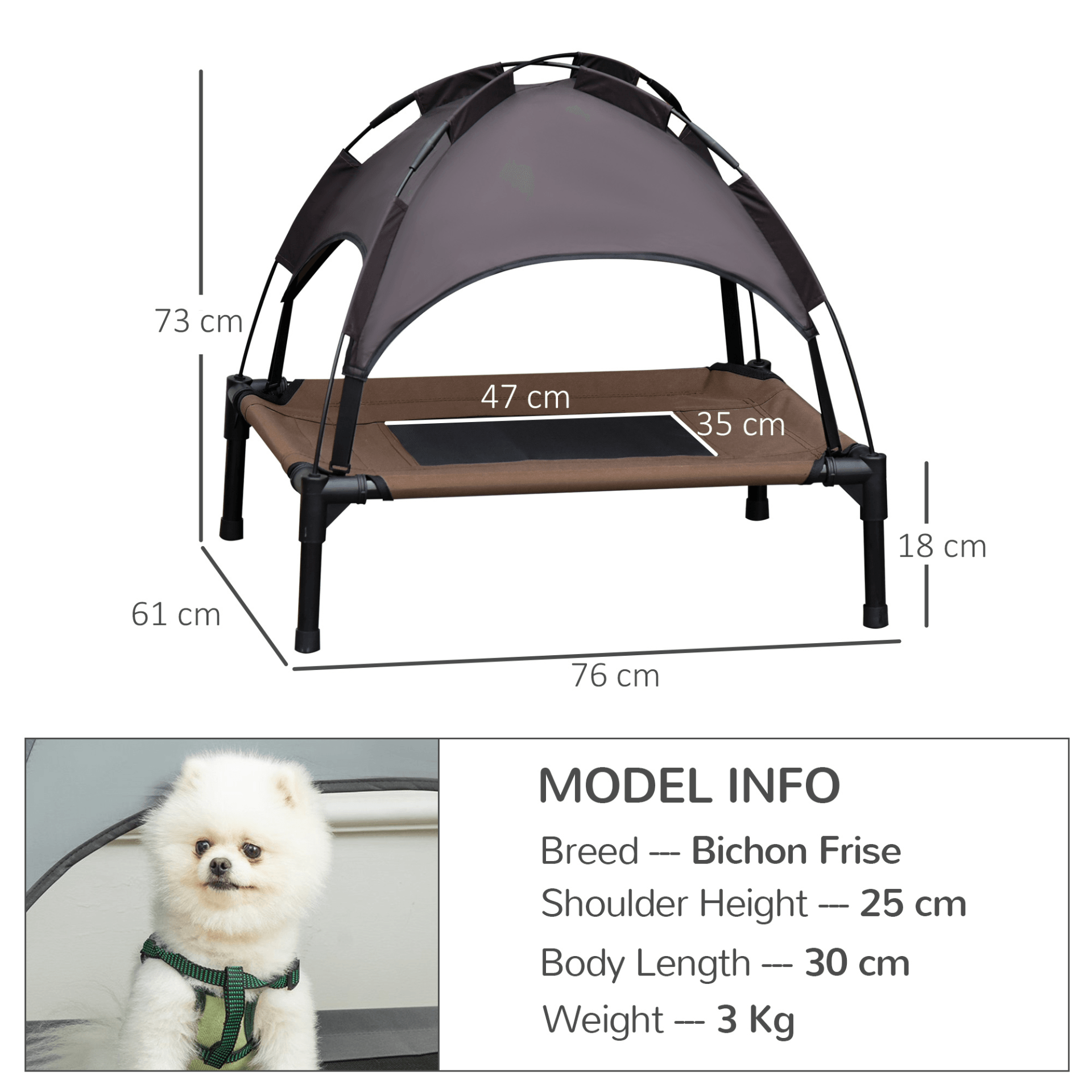 PawHut Raised Dog Bed with Canopy Coffee, For Medium Dogs - Elevated Outdoor Pet Cot with Breathable Mesh and UV Protection