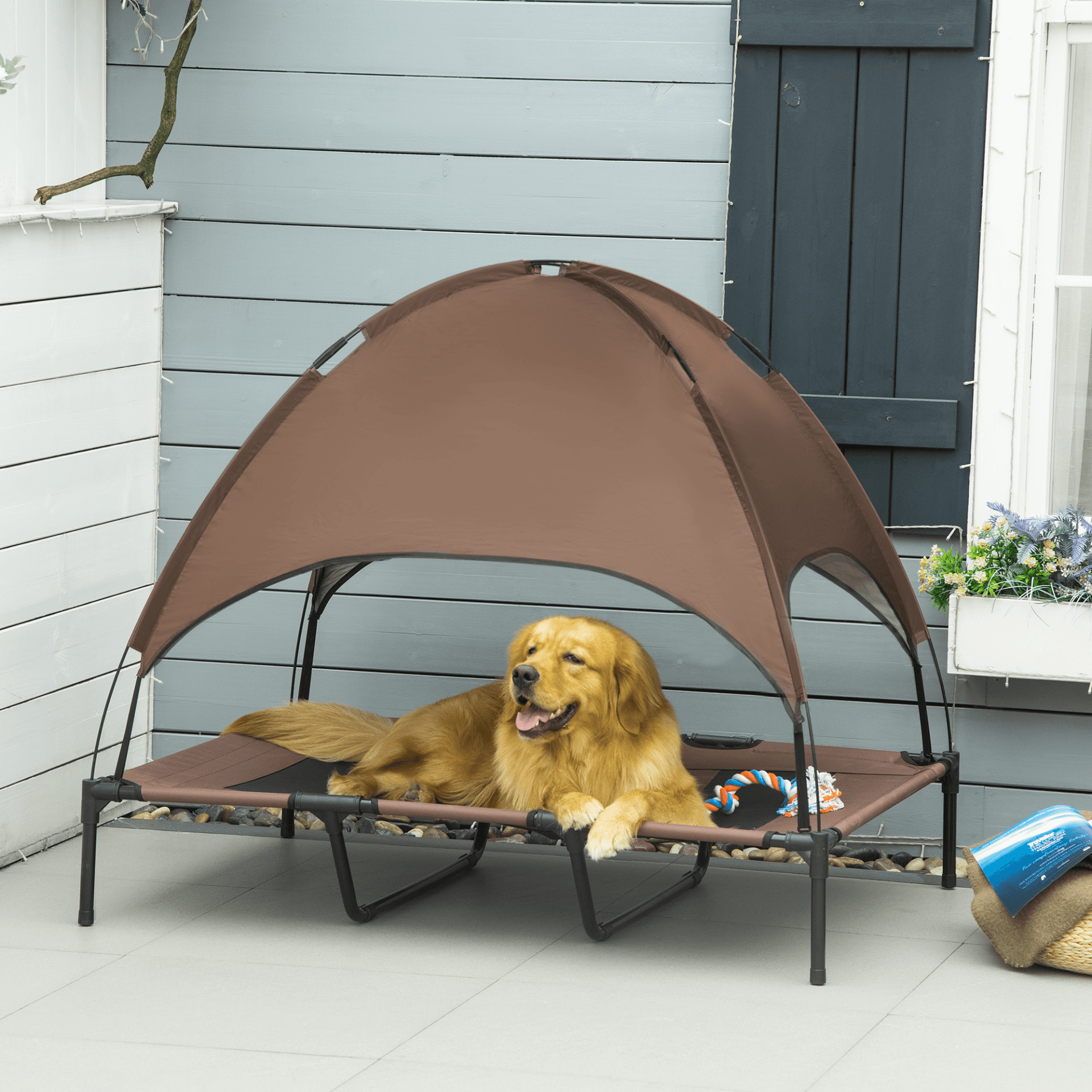 PawHut Raised Dog Bed Waterproof Elevated Pet Cot with Breathable Mesh UV Protection Canopy