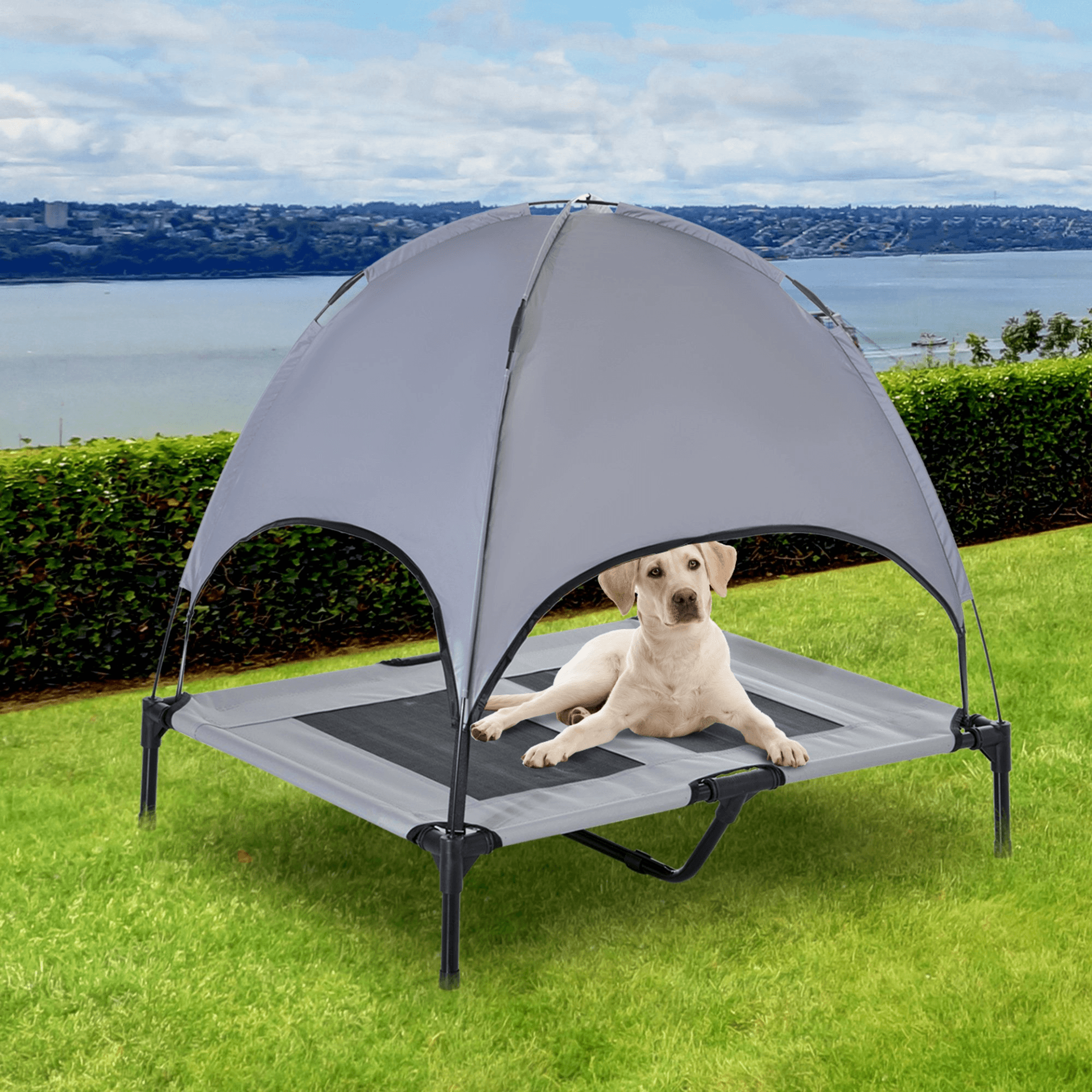 PawHut Elevated Dog Bed with UV Protection Canopy Grey | Large Dogs