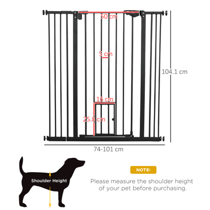 PawHut Extra Tall Dog Gate with Cat Flap 104 cm Tall 74-101 cm Wide Black