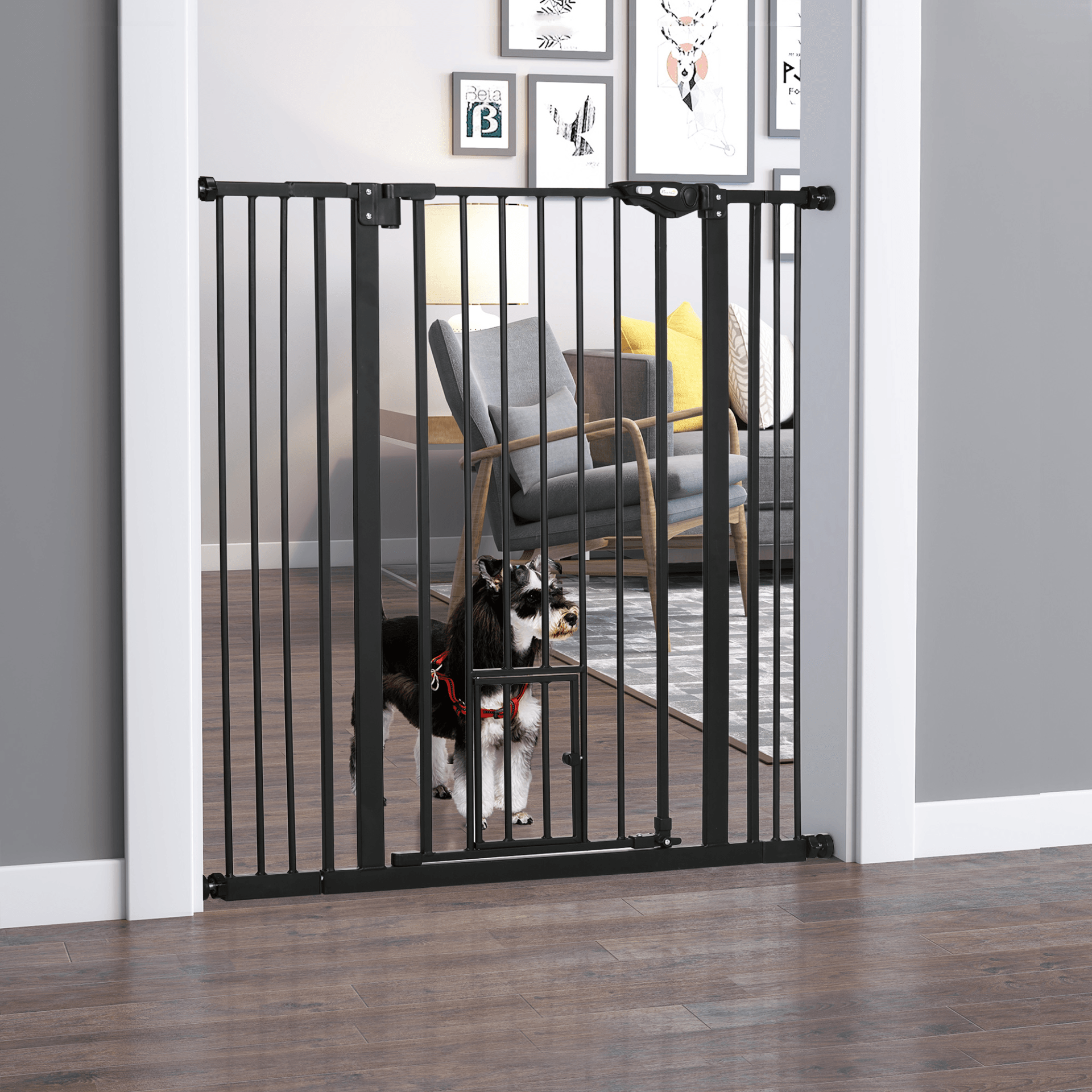 PawHut Extra Tall Dog Gate with Cat Flap 104 cm Tall 74-101 cm Wide Black