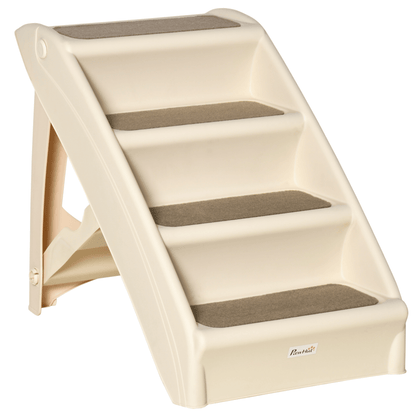 PawHut Foldable Pet Stairs Portable Dog Steps for Sofa, Bed, Four-Step Design for Cats, Small Miniature Dogs w/ Non-Slip Mats - Beige, 62 x 38 x 49.5cm