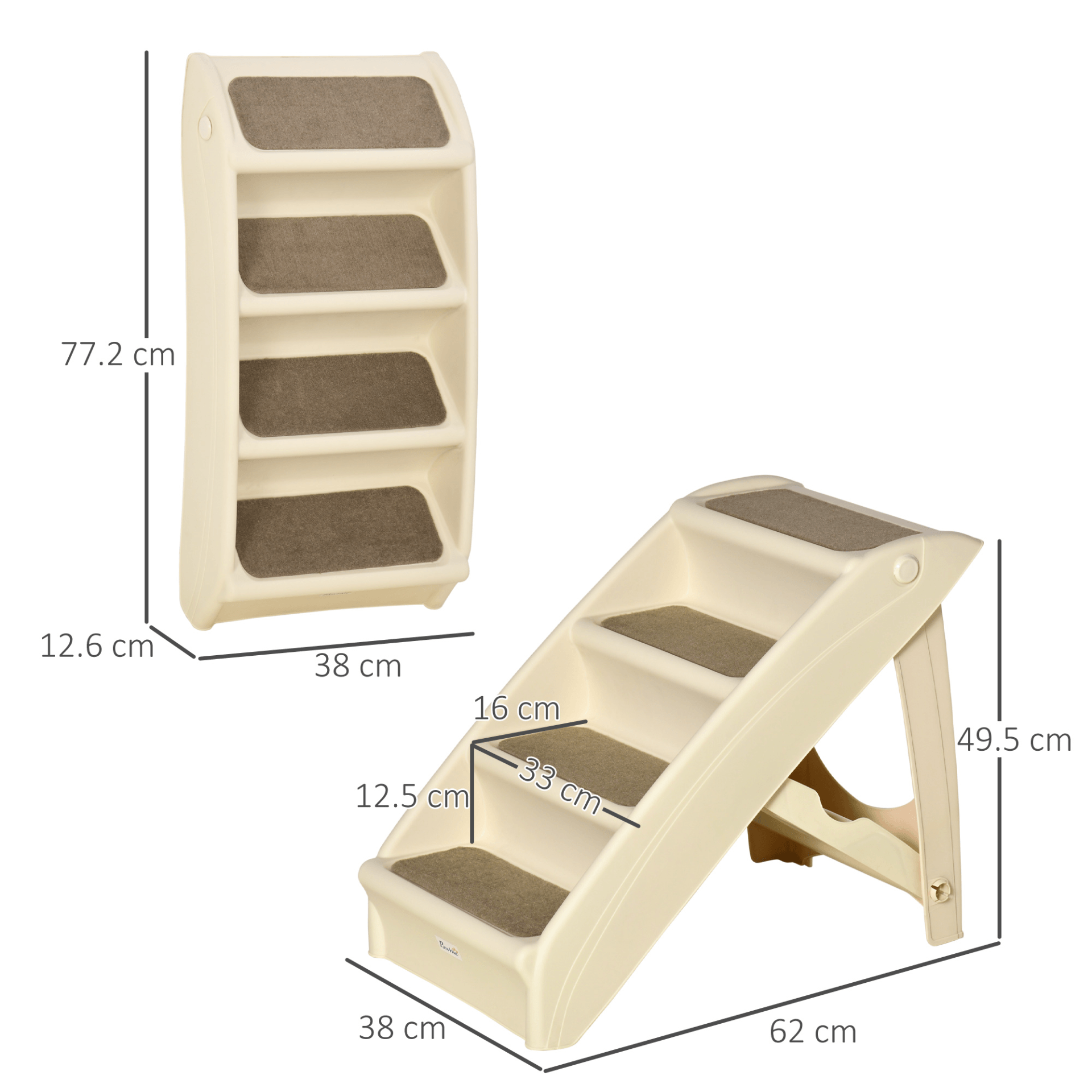 PawHut Foldable Pet Stairs Portable Dog Steps for Sofa, Bed, Four-Step Design for Cats, Small Miniature Dogs w/ Non-Slip Mats - Beige, 62 x 38 x 49.5cm