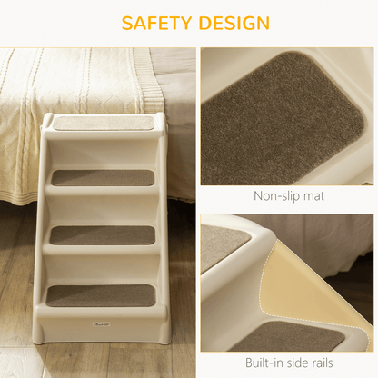 PawHut Foldable Pet Stairs Portable Dog Steps for Sofa, Bed, Four-Step Design for Cats, Small Miniature Dogs w/ Non-Slip Mats - Beige, 62 x 38 x 49.5cm