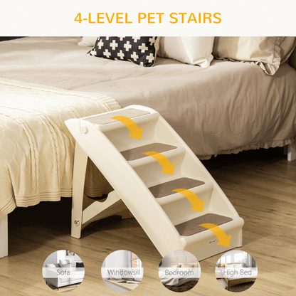 PawHut Foldable Pet Stairs Portable Dog Steps for Sofa, Bed, Four-Step Design for Cats, Small Miniature Dogs w/ Non-Slip Mats - Beige, 62 x 38 x 49.5cm