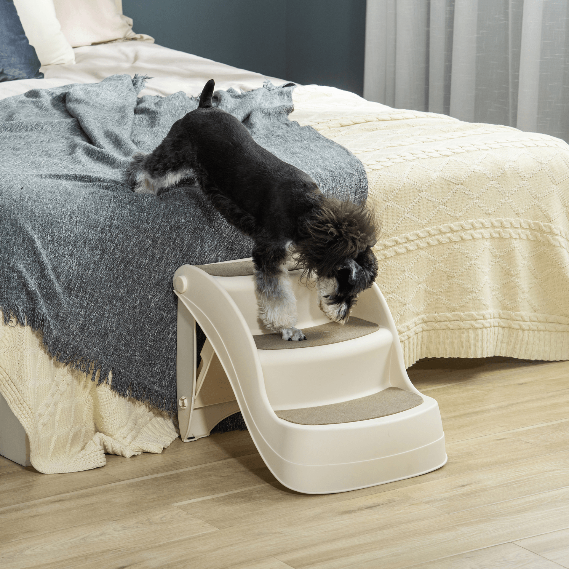 PawHut Foldable Pet Stairs Portable Dog Steps 3-Step Design Non-slip Mats High Beds, Sofas Cream