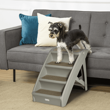 PawHut Foldable Pet Stairs Portable Dog Steps for Sofa, Bed, Four-Step Design for Cats, Small Miniature Dogs w/ Non-Slip Mats - Grey, 62 x 38 x 49.5cm