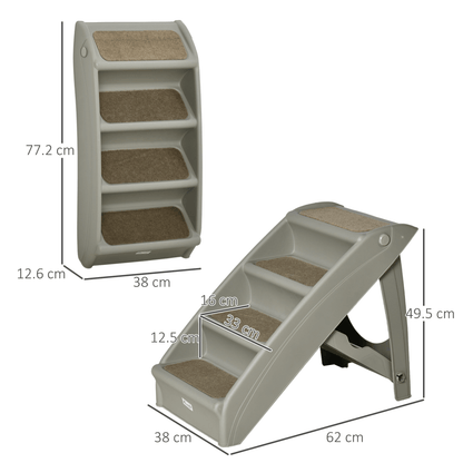 PawHut Foldable Pet Stairs Portable Dog Steps for Sofa, Bed, Four-Step Design for Cats, Small Miniature Dogs w/ Non-Slip Mats - Grey, 62 x 38 x 49.5cm