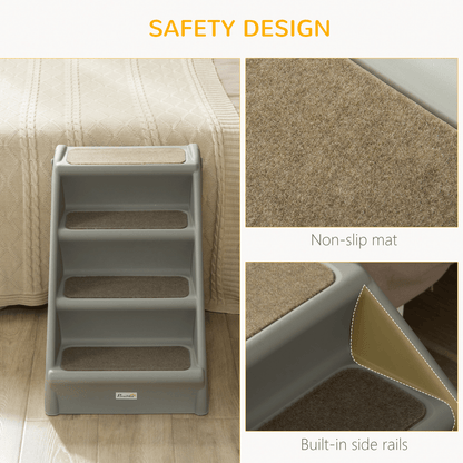 PawHut Foldable Pet Stairs Portable Dog Steps for Sofa, Bed, Four-Step Design for Cats, Small Miniature Dogs w/ Non-Slip Mats - Grey, 62 x 38 x 49.5cm