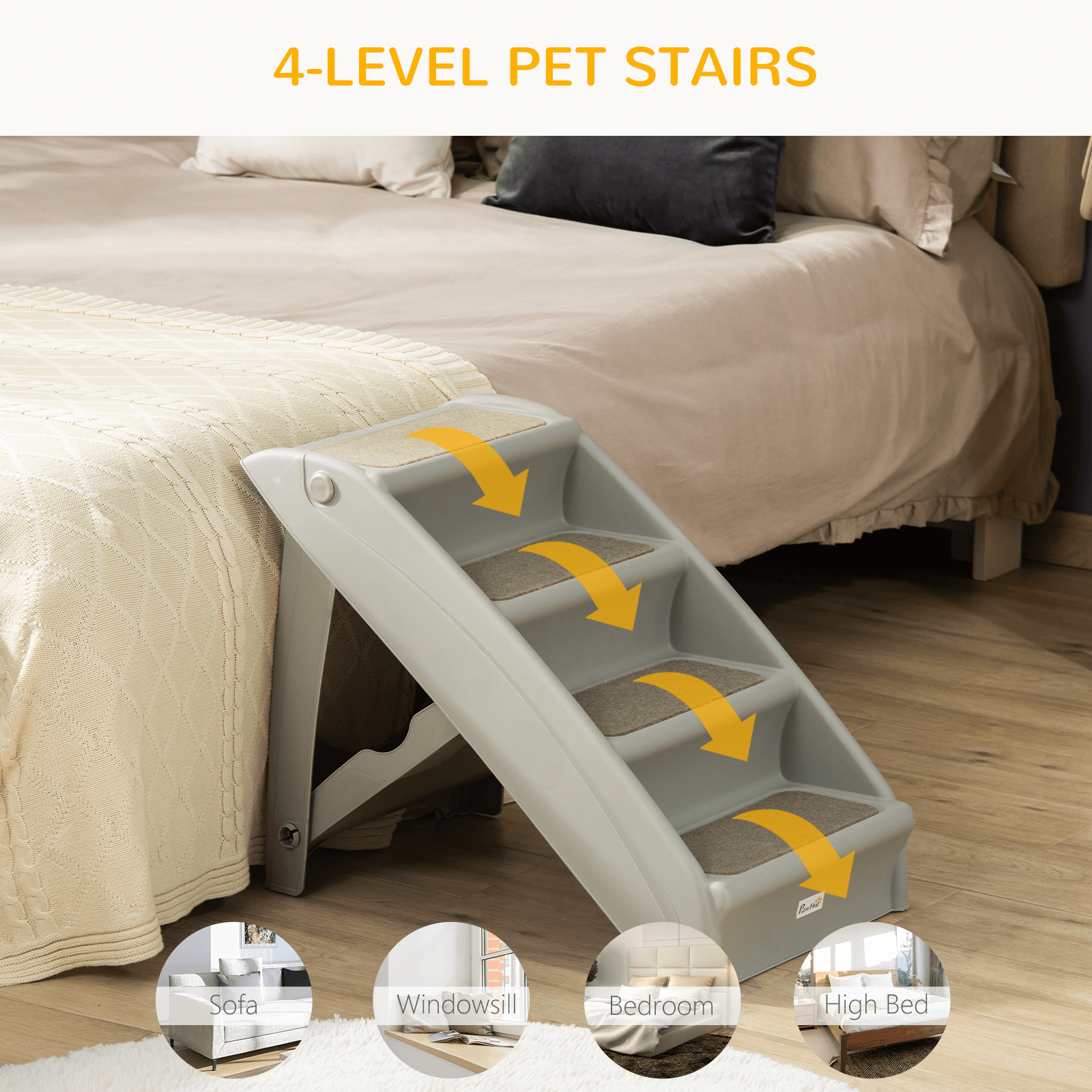 PawHut Foldable Pet Stairs Portable Dog Steps for Sofa, Bed, Four-Step Design for Cats, Small Miniature Dogs w/ Non-Slip Mats - Grey, 62 x 38 x 49.5cm