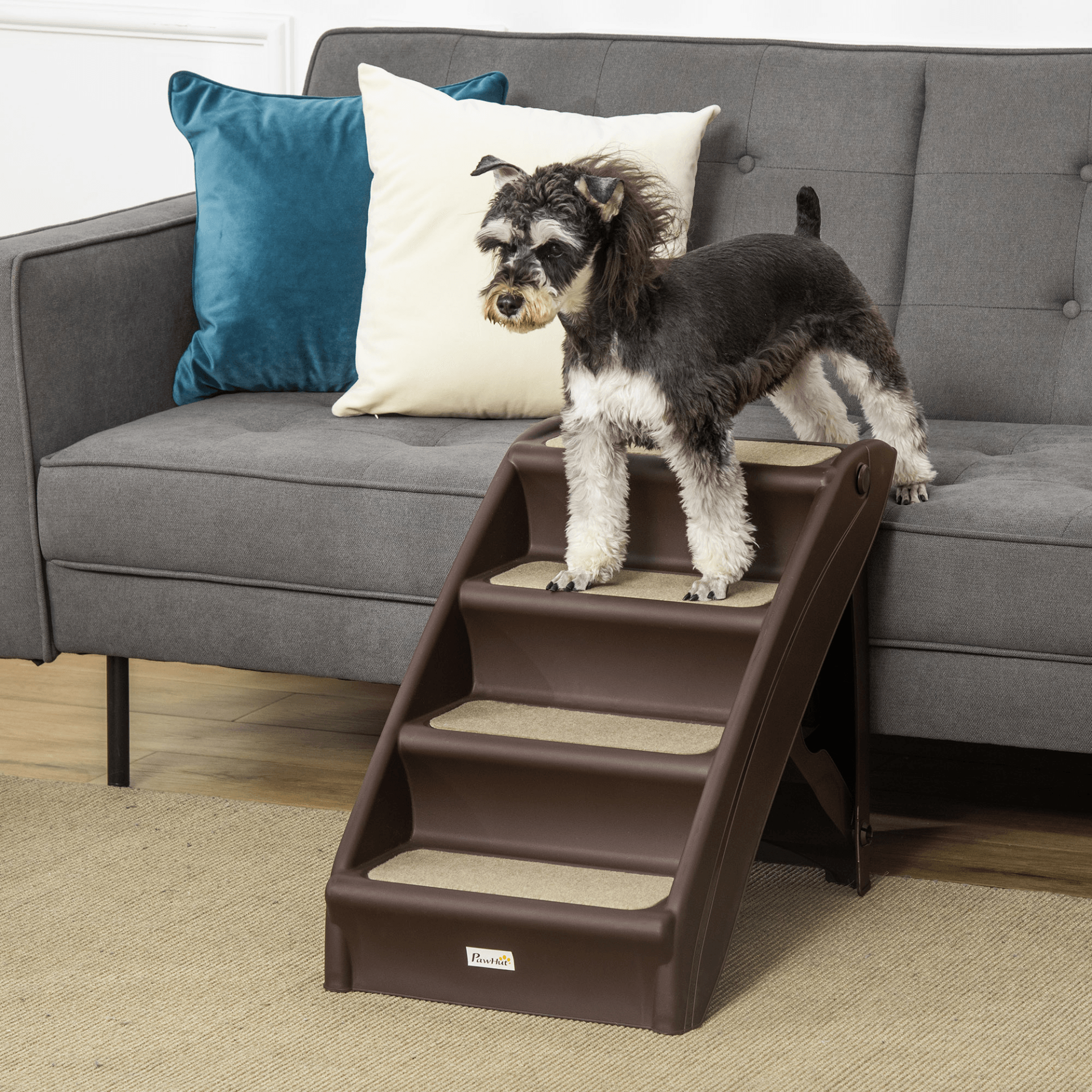 PawHut Foldable Pet Stairs Portable Dog Steps for Sofa, Bed, Four-Step Design for Cats, Small Miniature Dogs w/ Non-Slip Mats - Dark Brown, 62 x 38 x 49.5cm