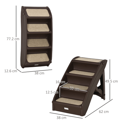 PawHut Foldable Pet Stairs Portable Dog Steps for Sofa, Bed, Four-Step Design for Cats, Small Miniature Dogs w/ Non-Slip Mats - Dark Brown, 62 x 38 x 49.5cm