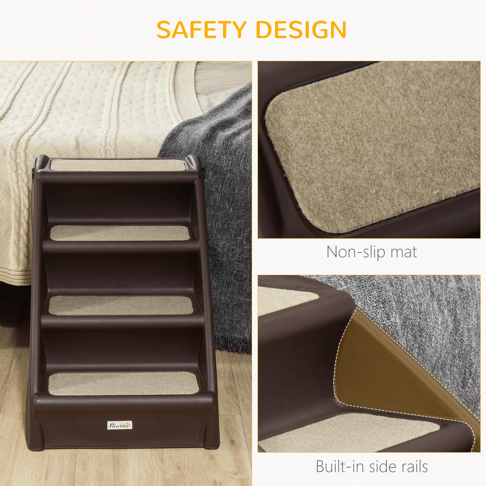 PawHut Foldable Pet Stairs Portable Dog Steps for Sofa, Bed, Four-Step Design for Cats, Small Miniature Dogs w/ Non-Slip Mats - Dark Brown, 62 x 38 x 49.5cm