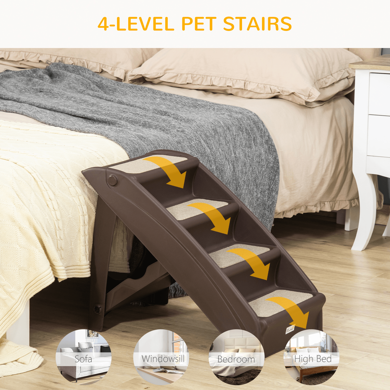 PawHut Foldable Pet Stairs Portable Dog Steps for Sofa, Bed | Four-Step Design | Dark Brown - FluffePet