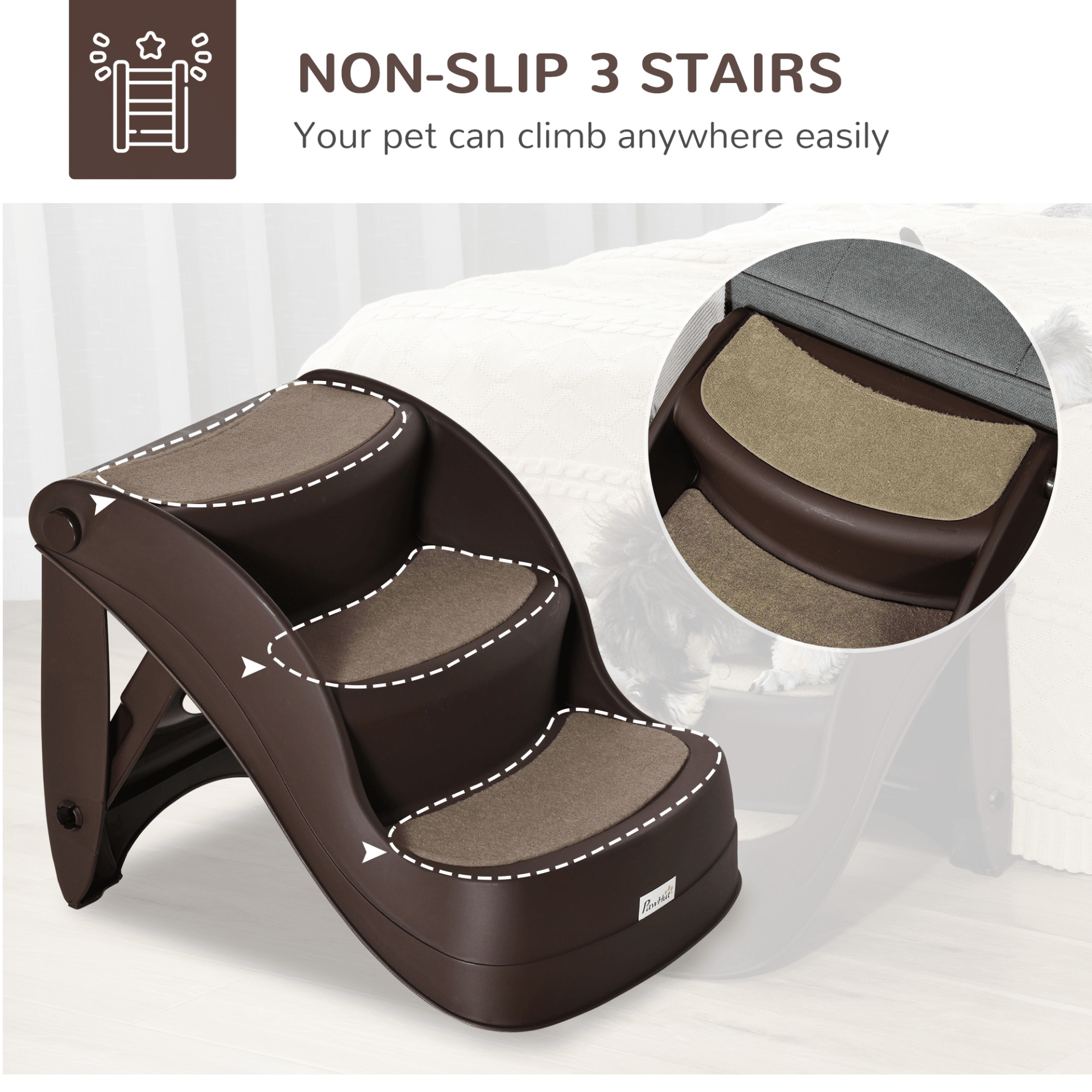 PawHut Foldable Pet Stairs Portable Dog Steps Non-slip Mats Brown