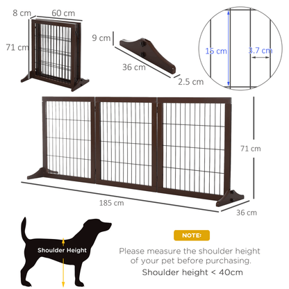 PawHut Freestanding Dog Gate 3 Panel Safety Pet Barrier Foldable w/ Support Feet Brown 185 x71 cm