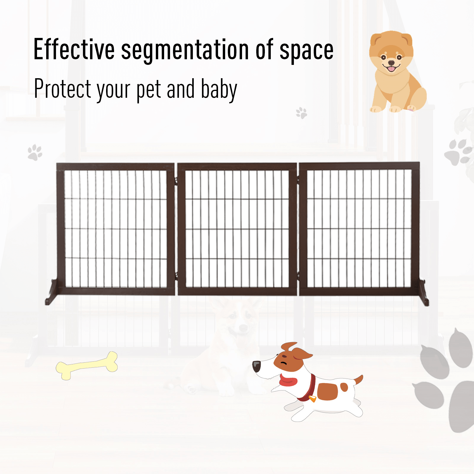 PawHut Freestanding Dog Gate 3 Panel Safety Pet Barrier Foldable w/ Support Feet Brown 185 x71 cm