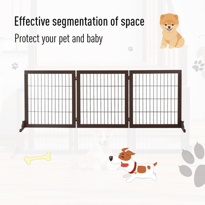 PawHut Freestanding Dog Gate 3 Panel Safety Pet Barrier Foldable w/ Support Feet Brown 185 x71 cm