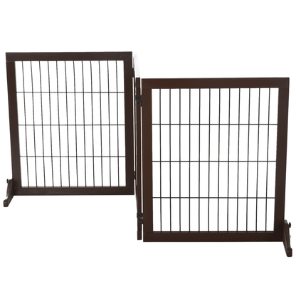 PawHut Freestanding Dog Gate - 3 Panel Safety Pet Barrier Foldable with Support Feet | Brown 185L x 36W x 71H cm - FluffePet