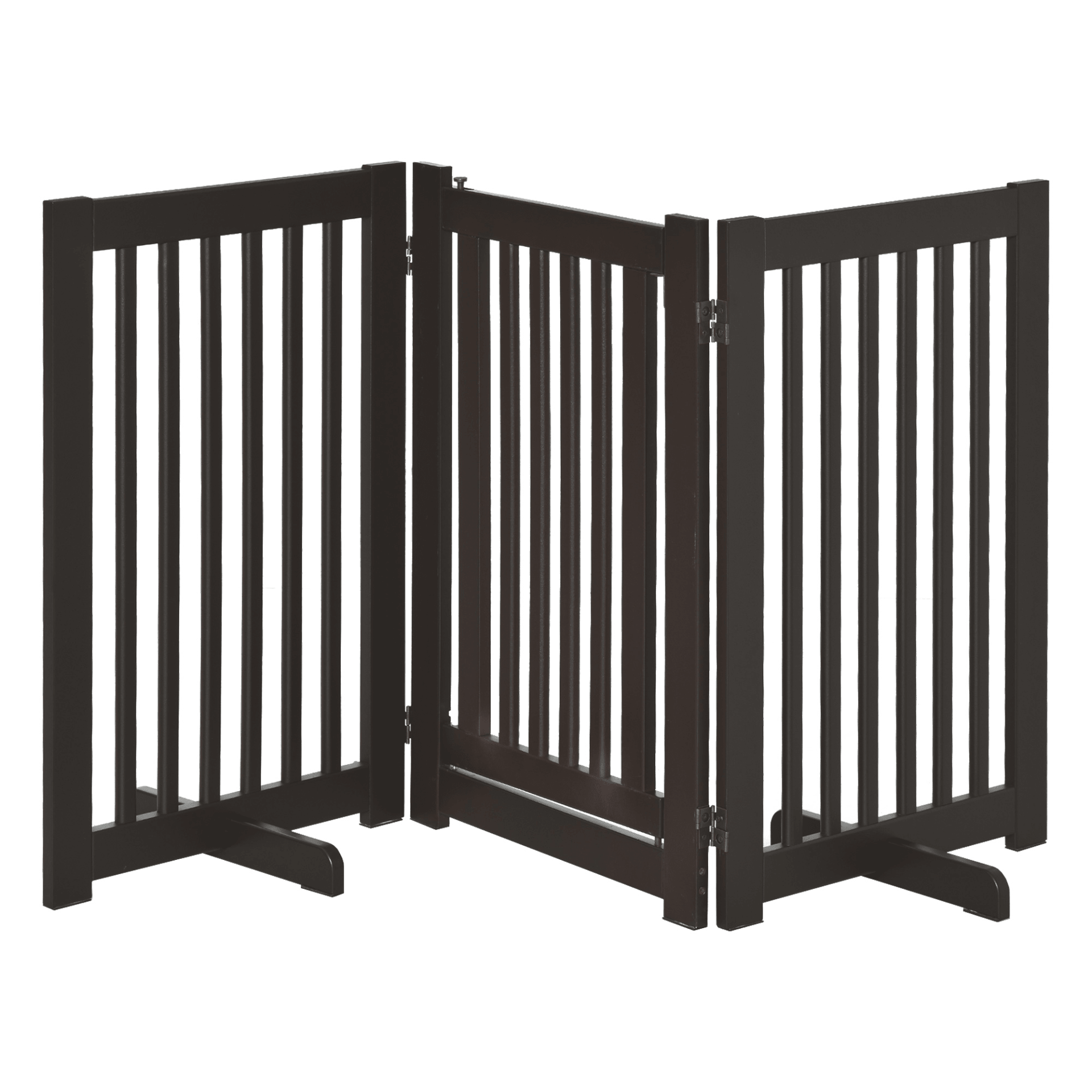 PawHut Freestanding Dog Gate Wood Doorway Safety Pet Barrier Fence Foldable w/ Latch Support Feet Deep Brown, 155 x 76 cm