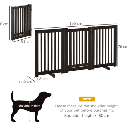 PawHut Freestanding Dog Gate Wood Doorway Safety Pet Barrier Fence Foldable w/ Latch Support Feet Deep Brown, 155 x 76 cm