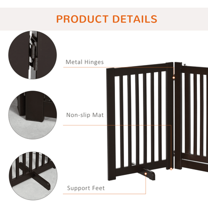 PawHut Freestanding Dog Gate Wood Doorway Safety Pet Barrier Fence Foldable w/ Latch Support Feet Deep Brown, 155 x 76 cm