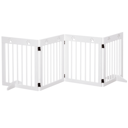 PawHut Freestanding Pet Gate 4 Panel Wooden Dog Barrier Folding Safety Fence with Support Feet up to 204cm Long 61cm Tall for Doorway Stairs White