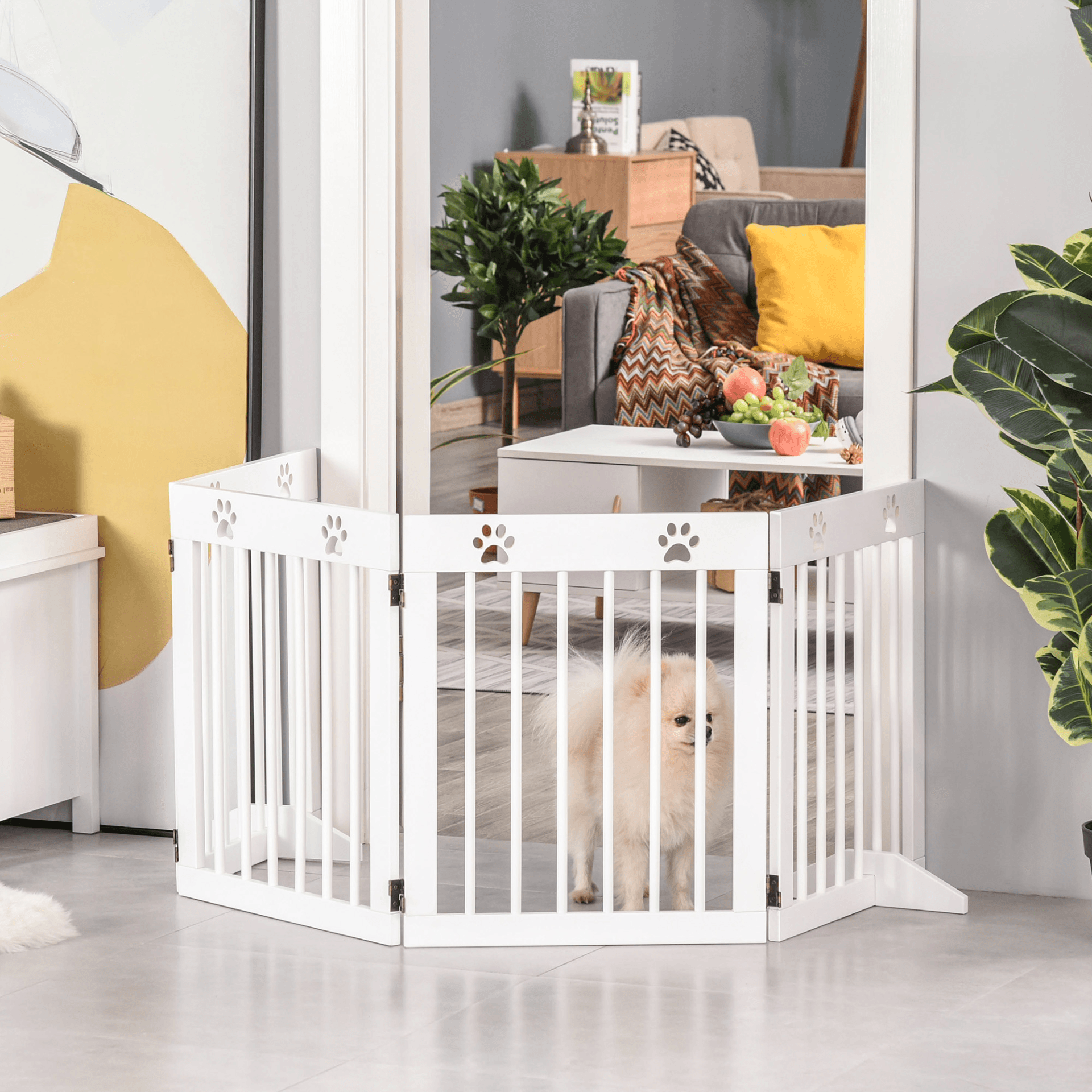 PawHut Freestanding Pet Gate 4 Panel Wooden Dog Barrier Folding Safety Fence with Support Feet up to 204cm Long 61cm Tall for Doorway Stairs White